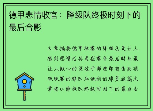 德甲悲情收官：降级队终极时刻下的最后合影