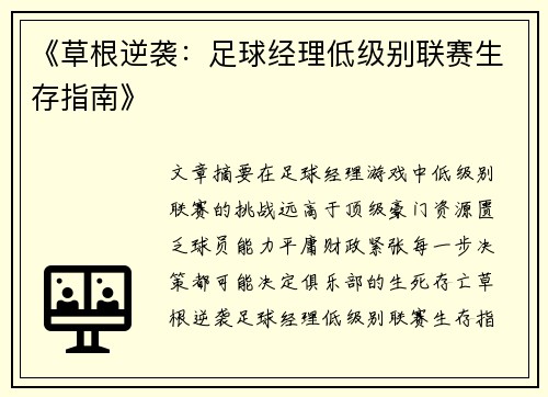 《草根逆袭：足球经理低级别联赛生存指南》
