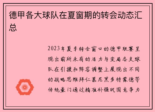 德甲各大球队在夏窗期的转会动态汇总